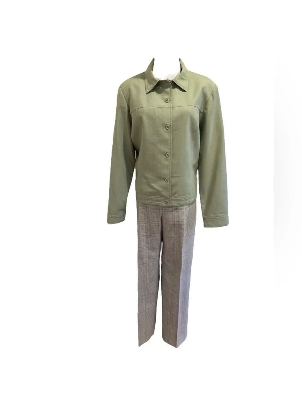 VTG PENDLETON WOOL GREEN JACKET & MATCHING GLEN PLAID STRAIGHT LEG PANTS SZ 16
